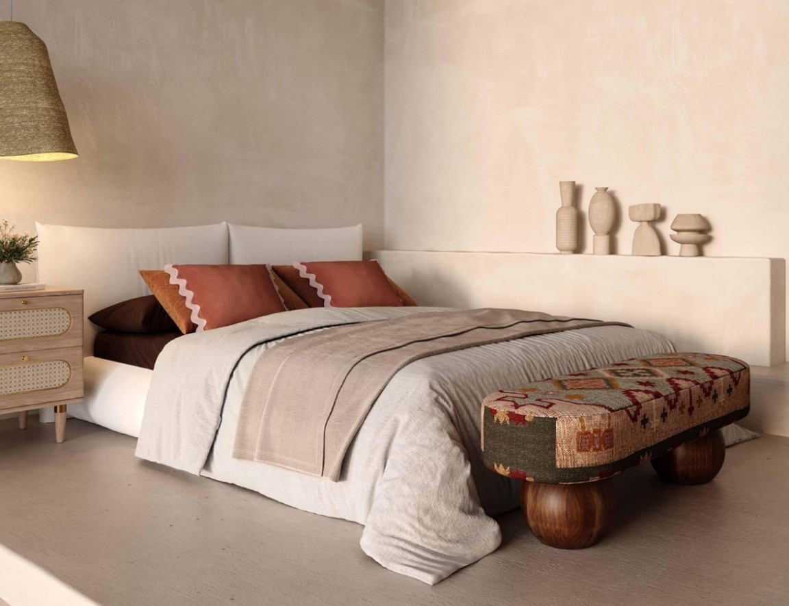 Find in my Desert Rosa Collection.🌺🌵 This textured wool upholstered bench brings moody modern southwestern charm with warm, earthy tones and soft sculptural texture. Perfect at the end of the bed for an elevated, desert-inspired space that feels cozy, grounded, and effortlessly styled.

Add this statement piece and complete your moody southwestern retreat.🏜️

#LTKSeasonal #LTKHome #LTKU