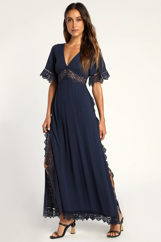 Sweeten the Occasion Navy Blue Lace Short Sleeve Maxi Dress | Lulus (US)