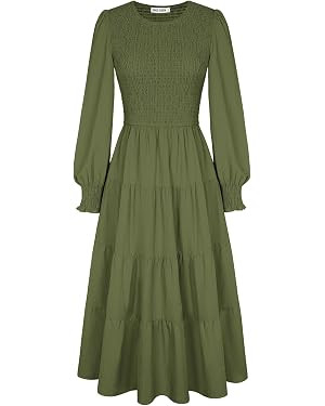 GRACE KARIN Women's Long Sleeve Casual Dress 2025, Fall A Line Flowy Dress, Maxi Smocked Tiered D... | Amazon (US)