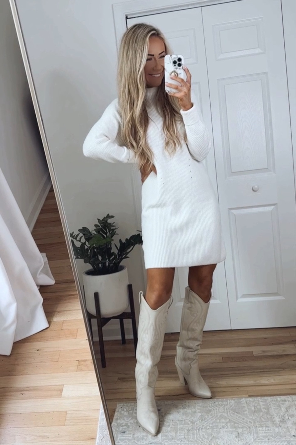 white sweater dress black boots & Other Stories wool knit mini sweater dress with cinched waist in off-white
