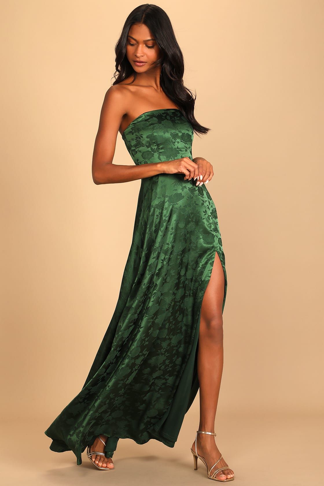 Made to Marvel Emerald Green Satin Jacquard Strapless Maxi Dress | Lulus