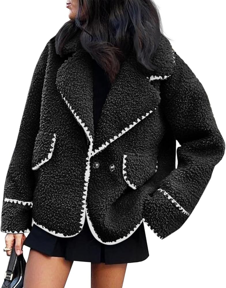 Cicy Bell Womens Sherpa Fleece Jacket Casual Collar V Neck Fuzzy Coats Contrast Trims Open Front ... | Amazon (US)