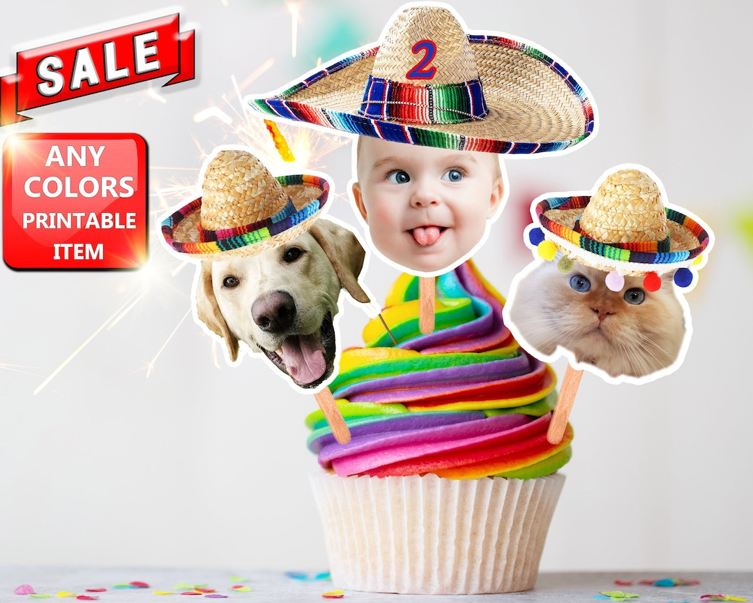 Baby Face or Adult or Pet Mexican Sombrero Cupcake Toppers, Sombrero Picture Cake Toppers, Mexica... | Etsy (US)
