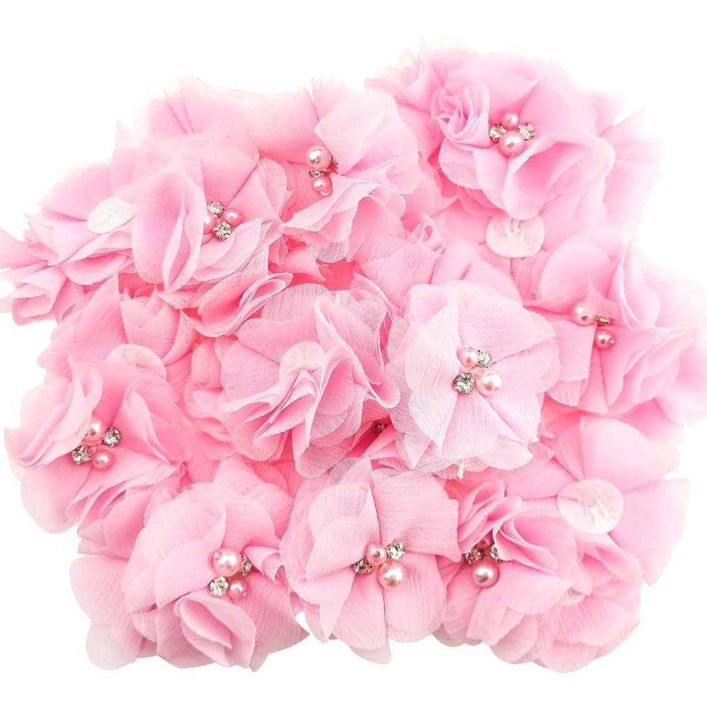 30 PCS Rhinestone Pearl Pink Chiffon Flower Sewing Fabric Appliques for Clothing, Headbands Flowe... | Amazon (US)