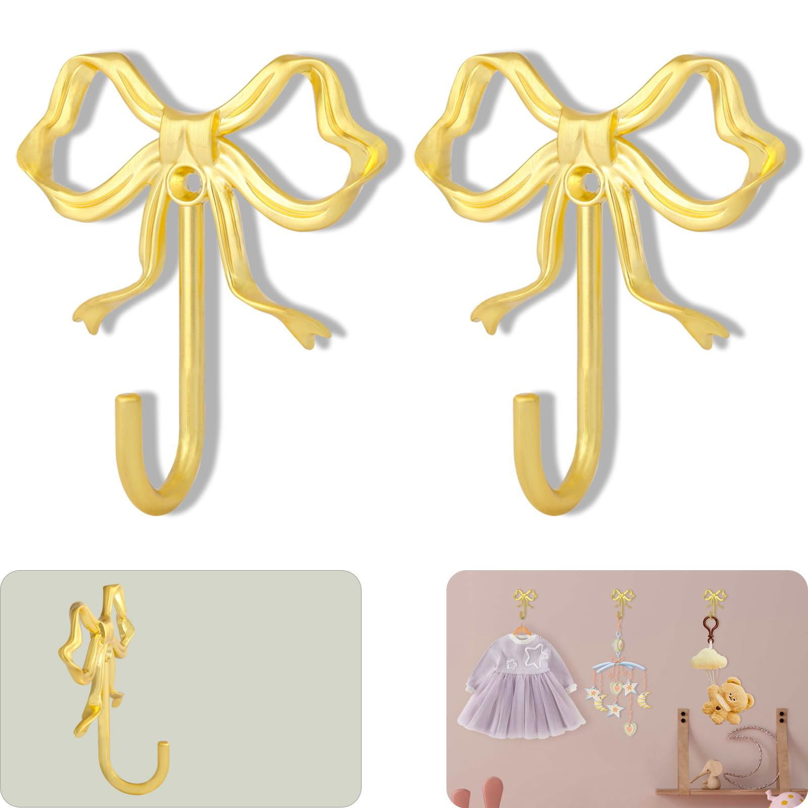 2Pcs Large Size Gold Bow Wall Hook, Gold Coat Hook, Metal Hook, Bow Room Decor Hooks for Coats, Coffee Mugs, Hats, Bags, Bath Towels and Room Decorations | Amazon (US)