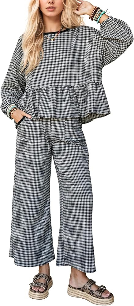 Women's Gingham 2 Piece Sets Lounge Peplum Matching Pants Outfit | Amazon (US)
