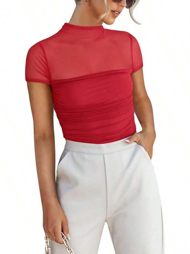 Reoria Women's Mock Neck Short Sleeve Shirts Sheer Mesh Ruched Going Out Bodysuits Tops | SHEIN
