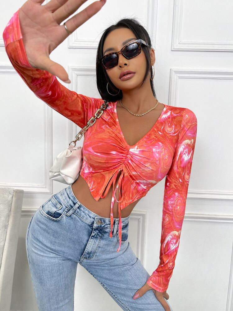 Marble Print Drawstring Asymmetrical Hem Crop Top | SHEIN