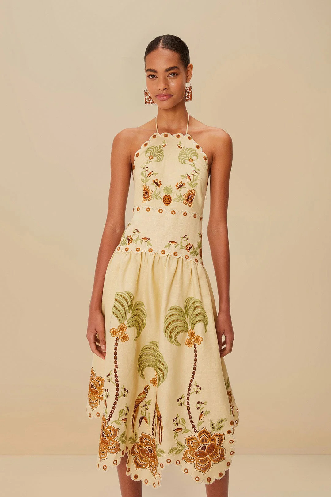 Sand Delicate Forest Richelieu Embroidered Euroflax Premium Linen Midi Dress, SAND / XXS | FarmRio (US)