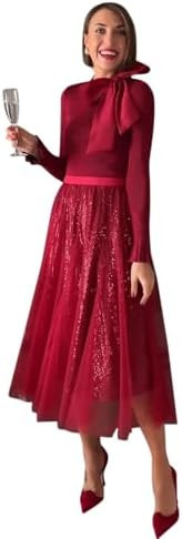 CHICWISH Sequins Tulle Skirts Elastic Waist Mesh Midi Holiday Flowy Layered Red Skirt | Amazon (US)