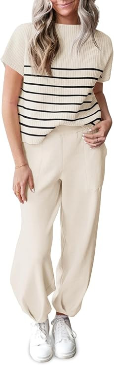 Tankaneo Women Striped Sweater Set Knit Sweatsuit Short Sleeve Two Piece Clothing Sets Tracksuit | Amazon (US)