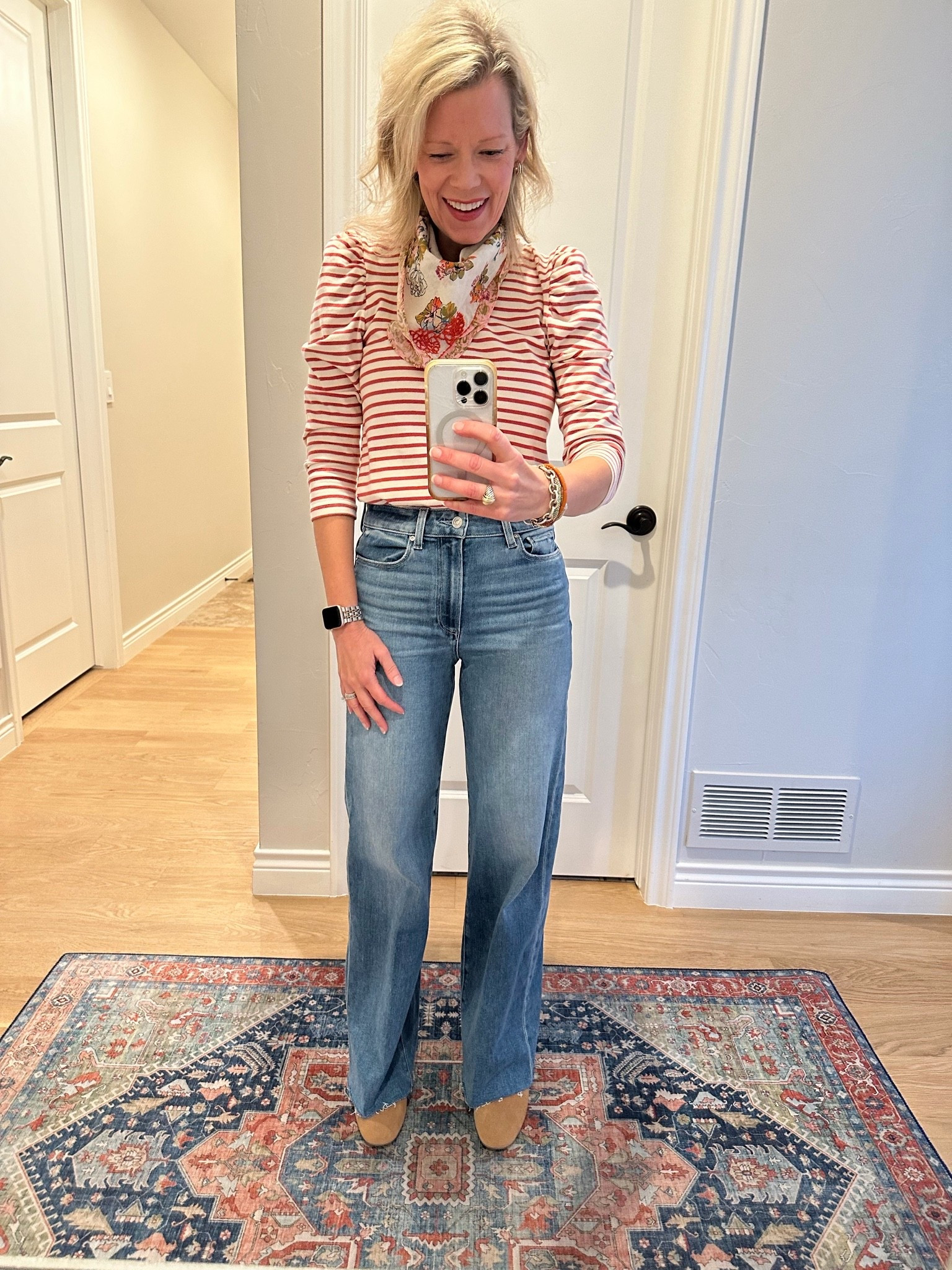 I have had this cute puff sleeve shirt for three years now and it still looks as good as it did when I bought it. It is timeless and comes in a bunch of different colors. Love that it is on sale right now! I am wearing my regular size small and the top and regular size in the jeans. I love that the jeans can be cut to your desired length! The waterproof booties are some of my favorites and I have them in three different colors. The scarf is so cute and is embroidered. Tagging some similar ones I love. ￼Such a great fall outfit! ￼￼￼