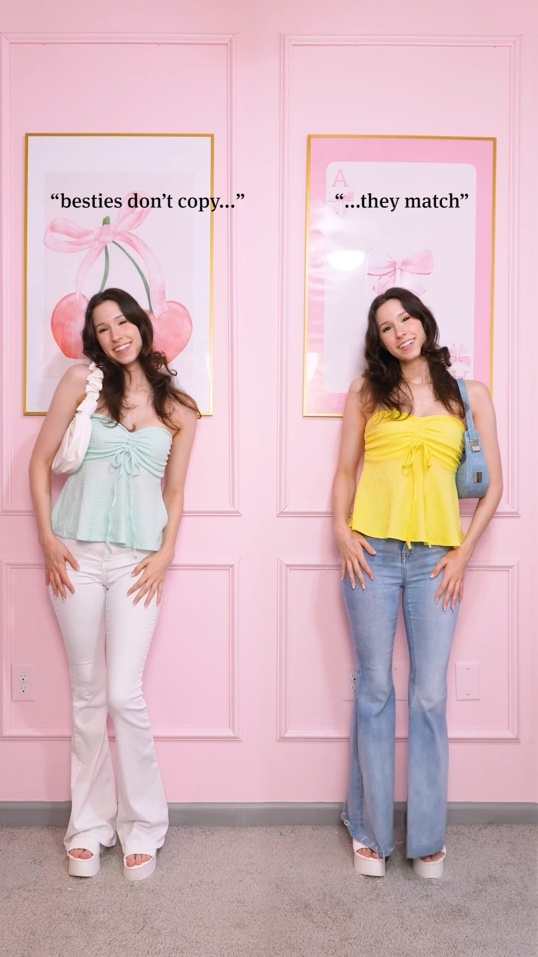 Matching Bestie Babydoll Tops | Summer Outfit Inspo

These matching bestie outfits are everything for summer! Both looks feature Amazon babydoll tops—lightweight, breathable, and so flattering with the ruched bust and flared hem. Whether you’re heading to brunch, shopping, or planning a girls’ getaway, these outfits are cute, coordinated, and easy to wear.

Left Outfit:
	•	Mint green babydoll top from Amazon — breezy and feminine with a flirty silhouette, perfect for hot days
	•	White high-waisted flare jeans — crisp and elongating, these give a fresh, clean vibe to balance the pastel top
	•	White shoulder bag — soft and ruched, ideal for pairing with light-toned outfits
	•	White platform heels — add height while keeping things comfortable and summery

Right Outfit:
	•	Bright yellow babydoll top from Amazon — fun and bold, this color pops while still staying playful
	•	Light-wash flared jeans with a raw hem — a retro-inspired staple that pairs perfectly with vibrant summer tops
	•	Light blue shoulder bag — adds a touch of contrast and coordinates with the bright palette
	•	White platform heels — a staple shoe that goes with everything and keeps the look cohesive

These looks are perfect for: summer outings, girls’ days, casual dates, vacation dinners, and anywhere you want to feel cute and coordinated with your bestie.

Fashion aesthetics: soft girl, playful retro, coordinated bestie looks, casual chic, and girly summer style.

#LTKFindsUnder100 #LTKFindsUnder50 #LTKStyleTip