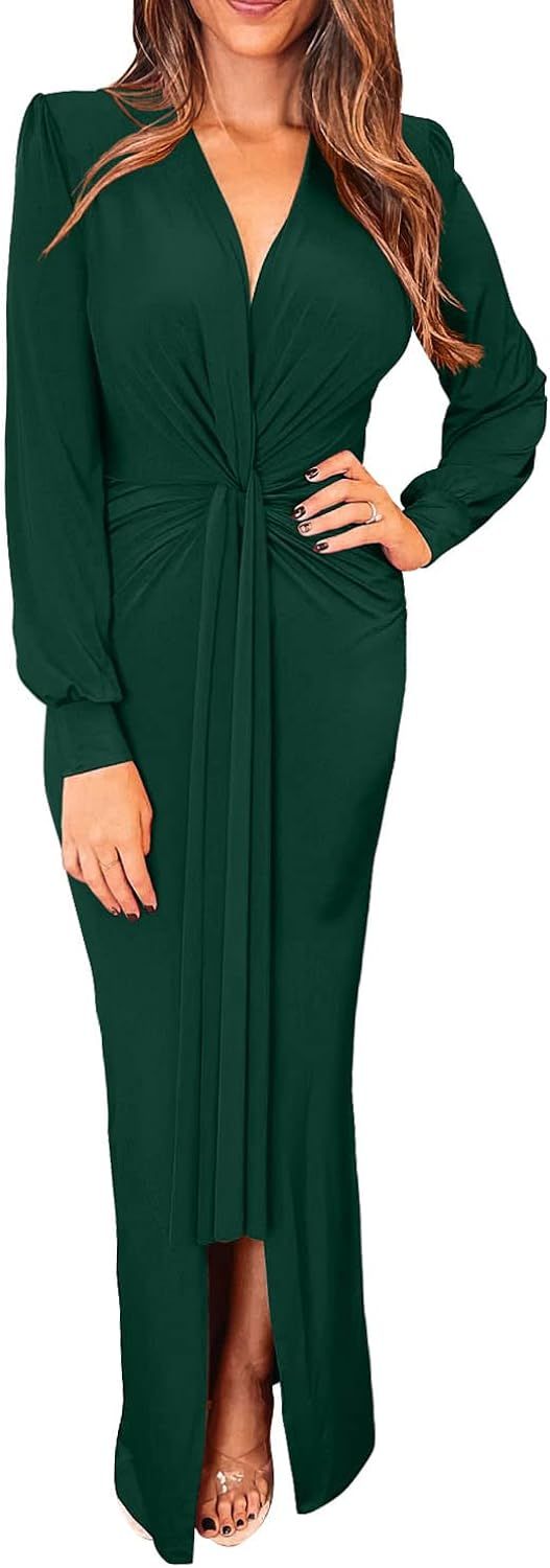 PRETTYGARDEN Women's 2022 Long Sleeve Maxi Bodycon Dresses V Neck Twist Front Ruched Cocktail Eve... | Amazon (US)