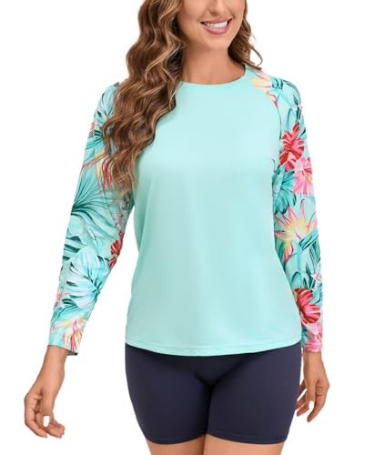 Women's Rash Guard UPF 50+ Quick Dry UV Protection Swim Shirt Long Sleeve SPF Sun Shirts for Women(Light Blue Floral,2XL) | Amazon (US)