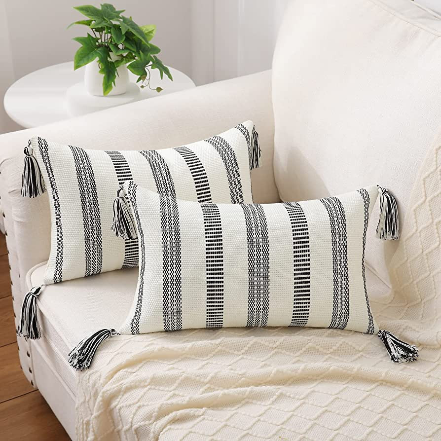 Smile Bee Boho Outdoor Throw Pillow Covers Set of 2, Decorative Woven Striped Pillow Covers with ... | Amazon (US)