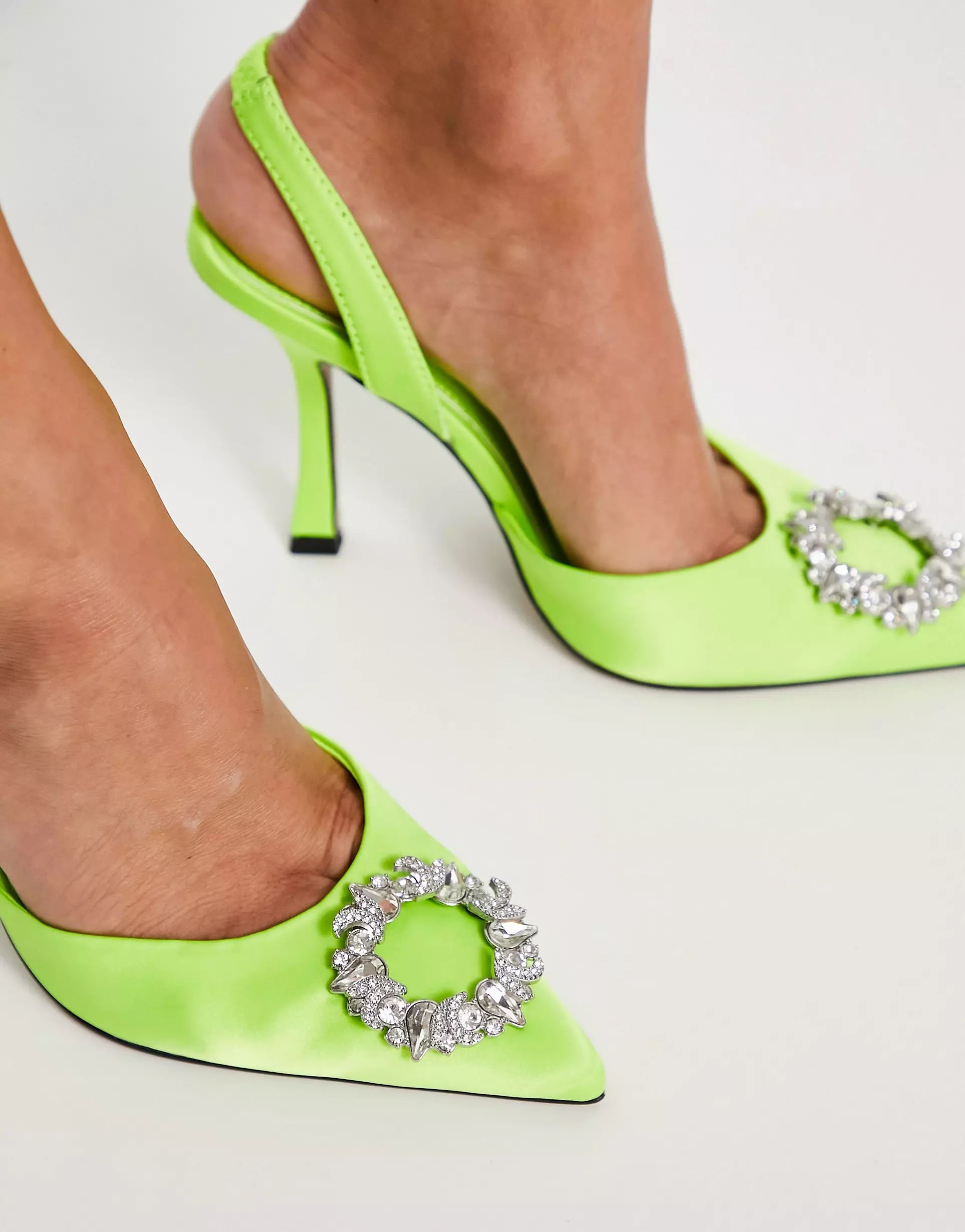 ASOS DESIGN Poppy embellished slingback high heel shoes in lime | ASOS (Global)