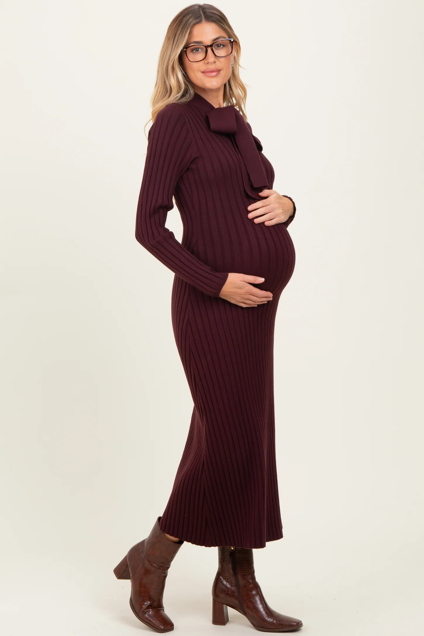 Burgundy Neck Tie Sweater Maternity Dress | PinkBlush Maternity