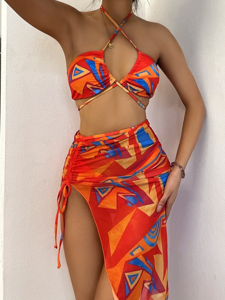 3pack Graphic Lace Up Bikini Swimsuit & Beach Skirt | SHEIN