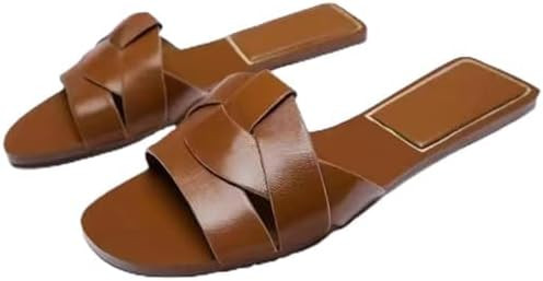 Women's Leather Criss Cross Strappy Slip On Slides Sandals Fashion Braided Round Open Toe Flat Be... | Amazon (US)