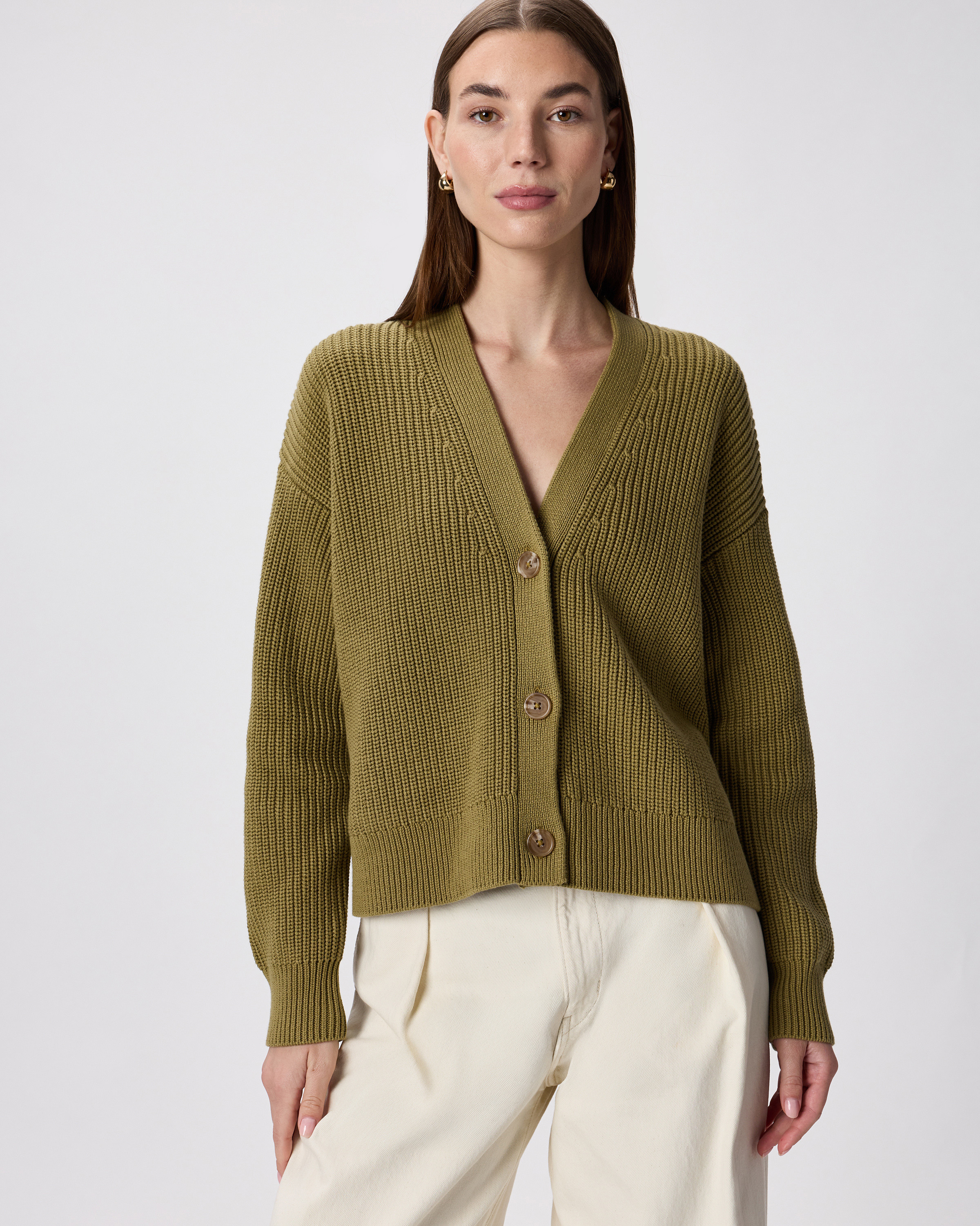 Quince | Women's Fisherman Boxy Cropped Cardigan Sweater in Herb Green, Size Small, Organic Cotton | Quince