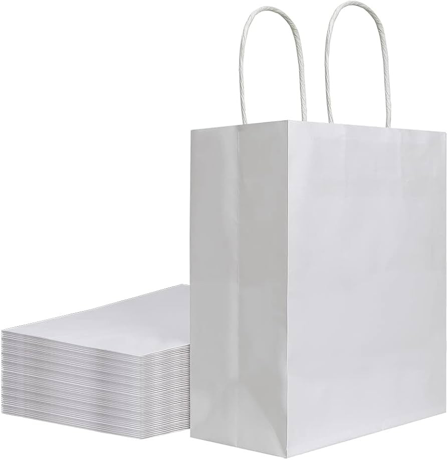 bagmad 50 Pack 8x4.75x10 inch Medium White Kraft Paper Bags with Handles Bulk, Gift Bags, Craft G... | Amazon (US)