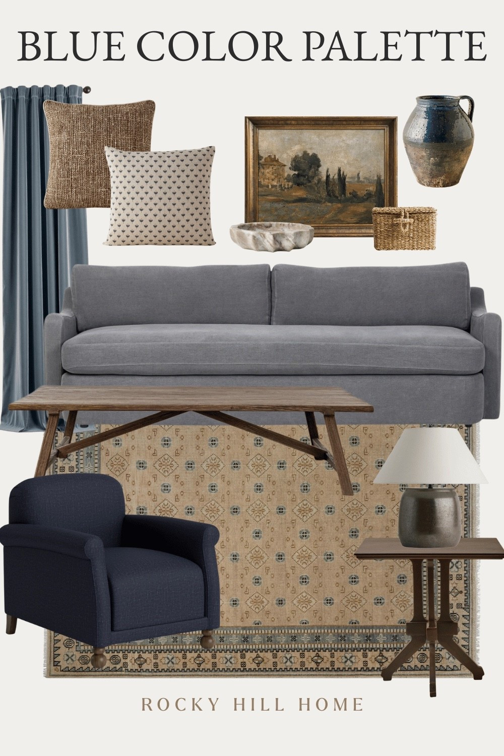 Sharing a curated living room mood board that’s all about depth and texture! This European-inspired palette mixes moody blues with organic elements like reclaimed wood, woven seagrass, and vintage-style pottery. Perfect for anyone loving the Modern Traditional or Moody Transitional style.

four hands x Amber Lewis, slate blue velvet curtains, navy blue accent chair, Lulu and Georgia 

#LTKHome