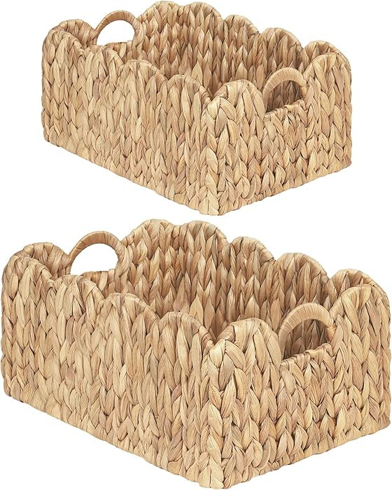 Scalloped Wicker Basket, Set of 2 Woven Rattan Natural Water Hyacinth Baskets with Built-in Handl... | Amazon (US)