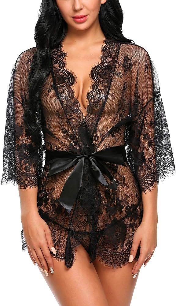 Women's Lace Kimono Robe Babydoll Lingerie Mesh Nightgown S-4XL | Amazon (US)