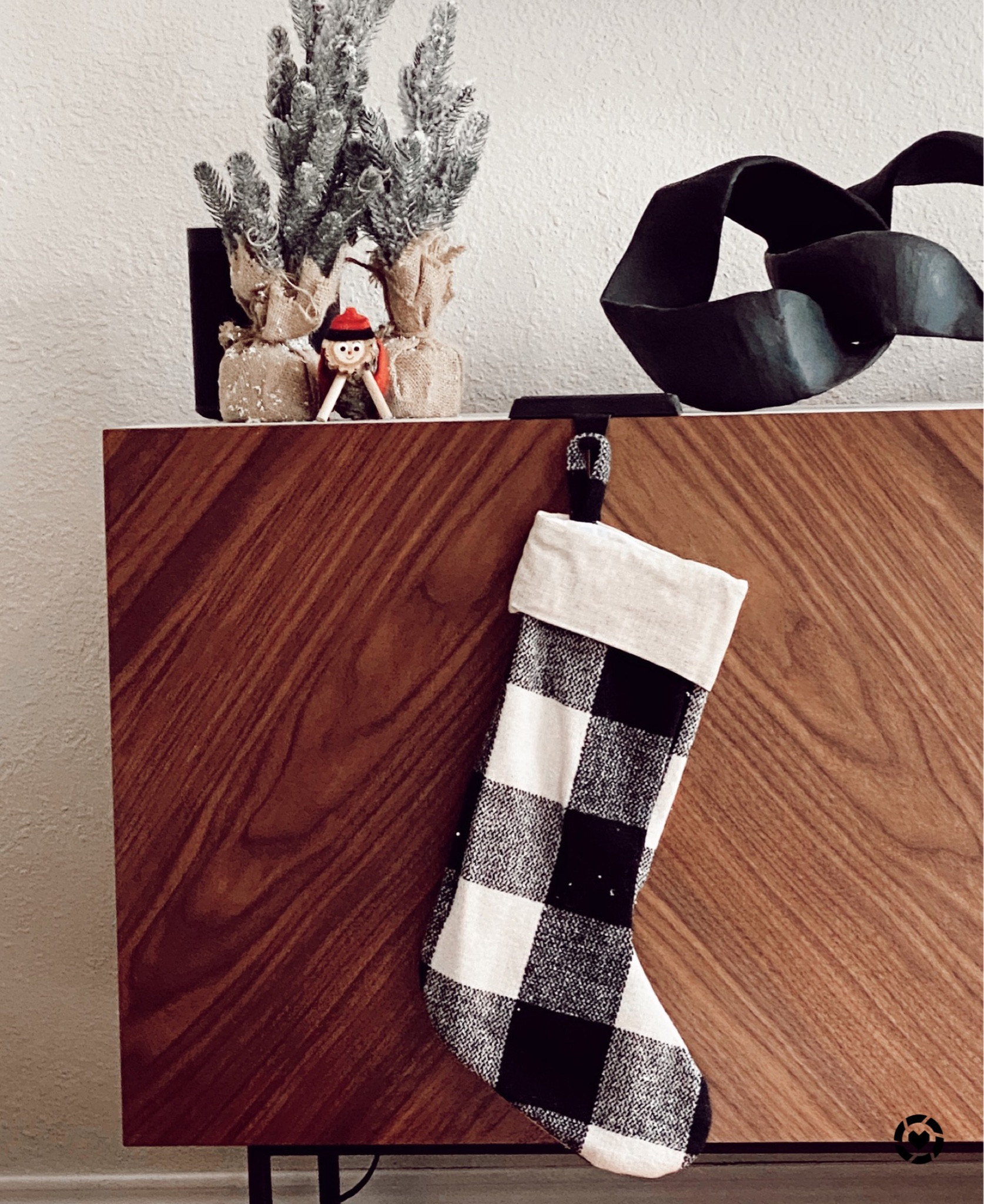 Christmas stocking, gingham stocking, gingham holiday decor, black and white Christmas decor, wood and marble cb2 media console 

#LTKSeasonal #LTKHoliday #LTKhome