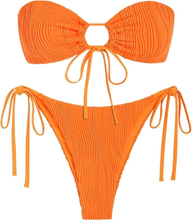 ZAFUL Women's Bandeau Bikini Set O Ring Strapless Swimsuit Tie Side Swimwear Halter Two Piece Bat... | Amazon (US)