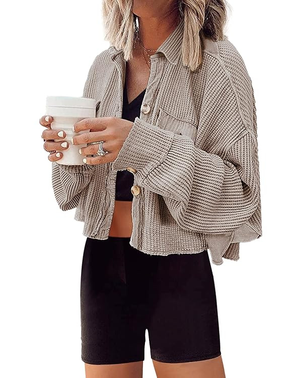 Panadila Women's Cropped Waffle Knit Shacket Short Button Down Jacket Batwing Sleeve Shirts with ... | Amazon (US)