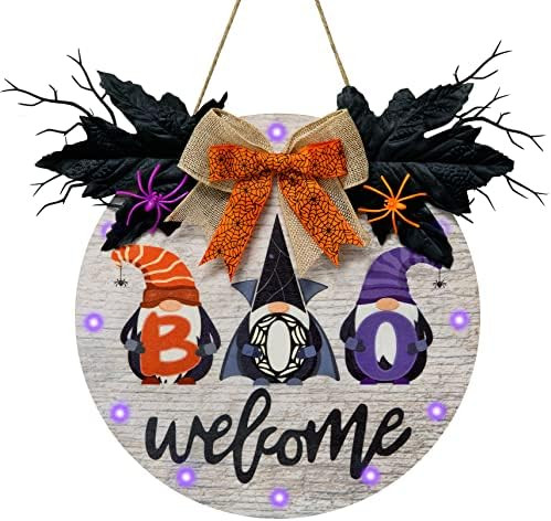 Halloween Wreaths for Front Door Decor Lighted Halloween Welcome Door Sign Gnomes Spiders Dead Tree  | Amazon (US)