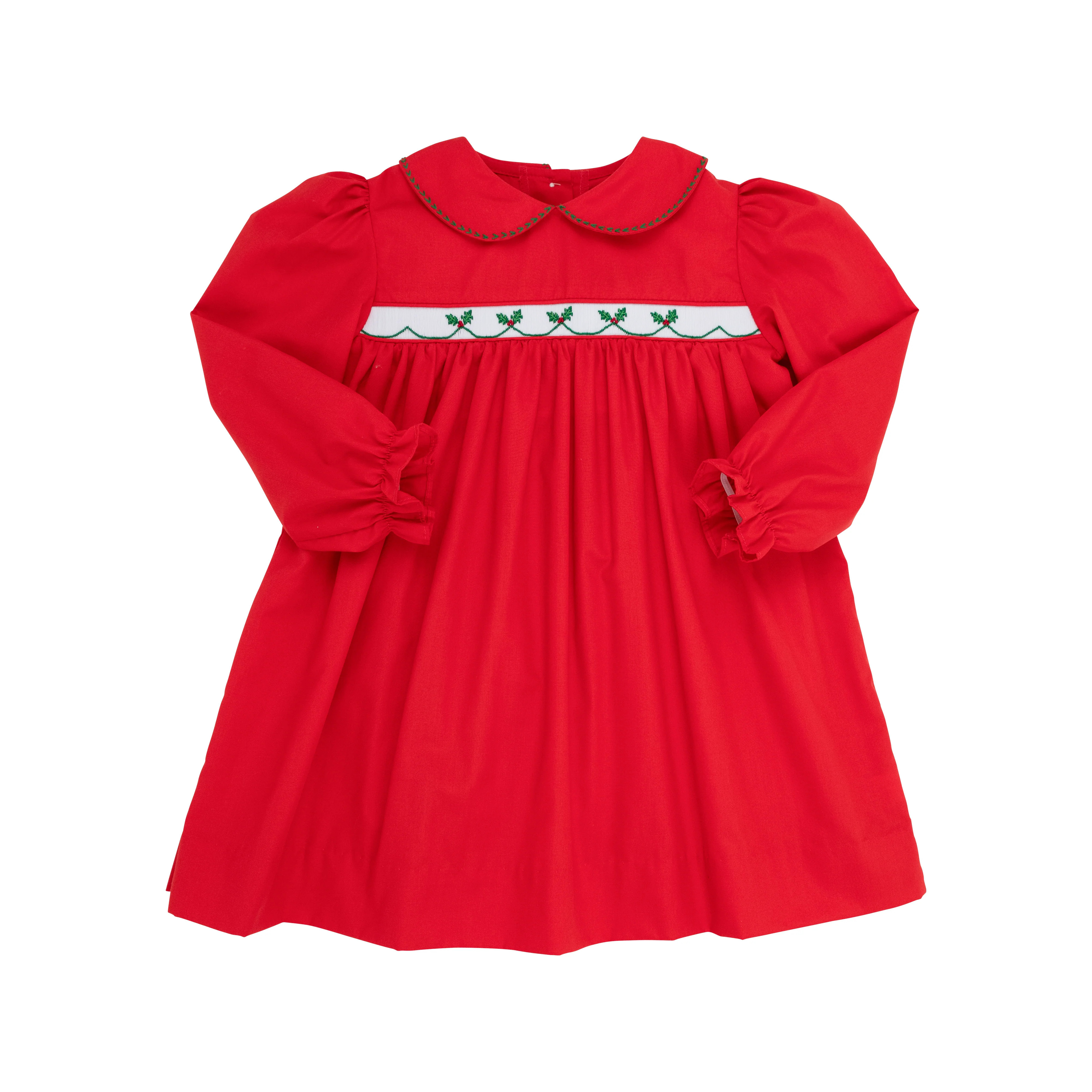Long Sleeve Dottie Hart Dress - Richmond Red with Kiawah Kelly Green & Holly Smocking | The Beaufort Bonnet Company