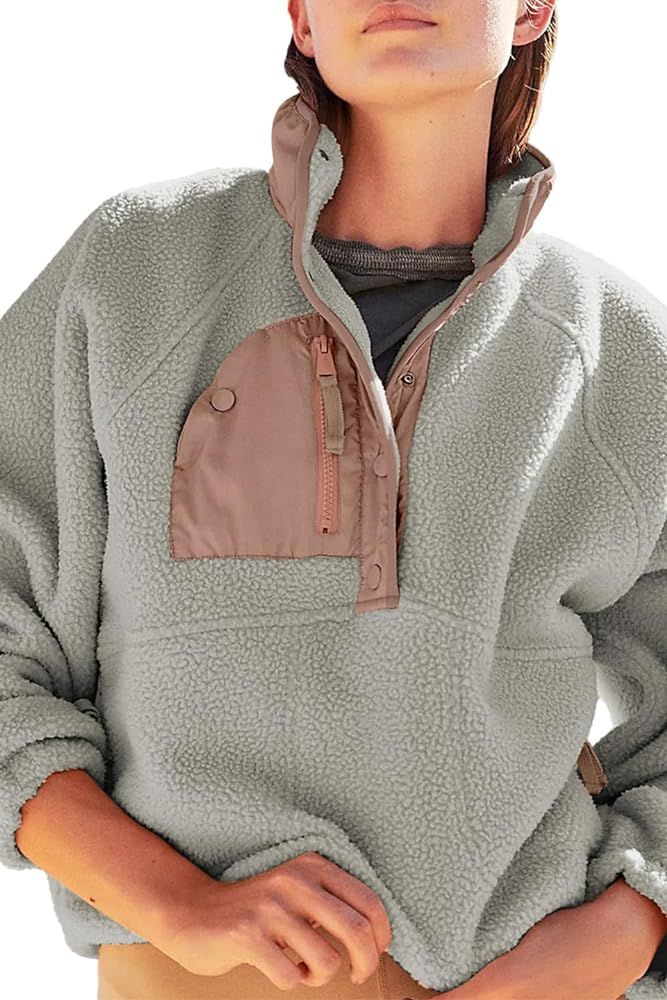 Aoang Womens Oversized Sherpa Jacket Fuzzy Fleece Teddy Coat with Pockets Colorblock | Amazon (US)