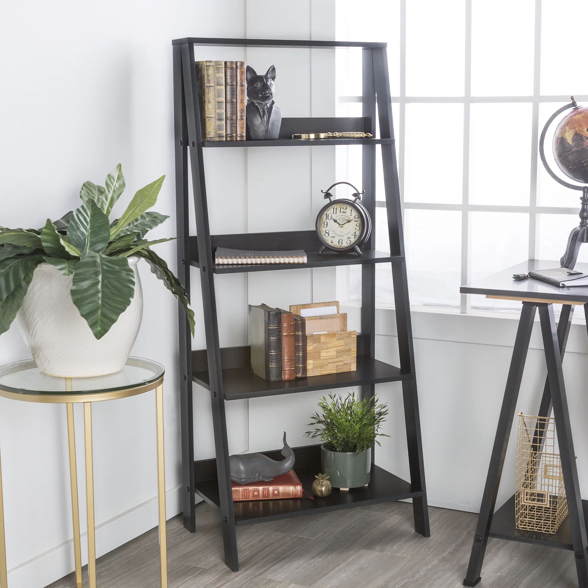 Manor Park 4-Shelf Wood Leaning Ladder Bookshelf, Grey | Walmart (US)