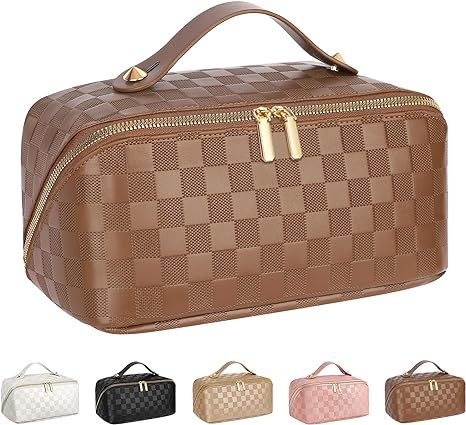 ALEXTINA Large Capacity Travel Cosmetic Bag - Portable Women Waterproof PU Leather Checkered Make... | Amazon (US)