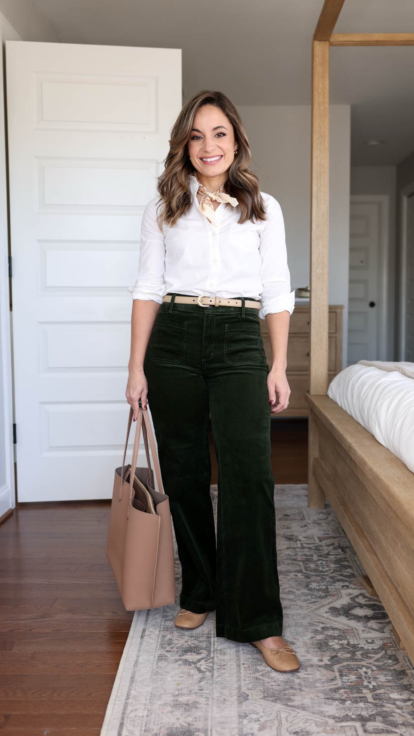 Four casual outfit ideas for work with dark green corduroy pants! 

Pants (LOFT): petite 24 | inches 10” rise | 27.5” inseam | tts 

Outfit 1 
White top (J.Crew Factory): petite xxs 
Scarf (Sezane) 
Belt (Quince): xs in mushroom 
Flats (Sam Edelman): tts 


My measurements for reference: I’m 4’10” and 105lbs. My bust, waist, and hip measurement is 32”, 24”, and 36”.

#LTKWorkwear #LTKPetite