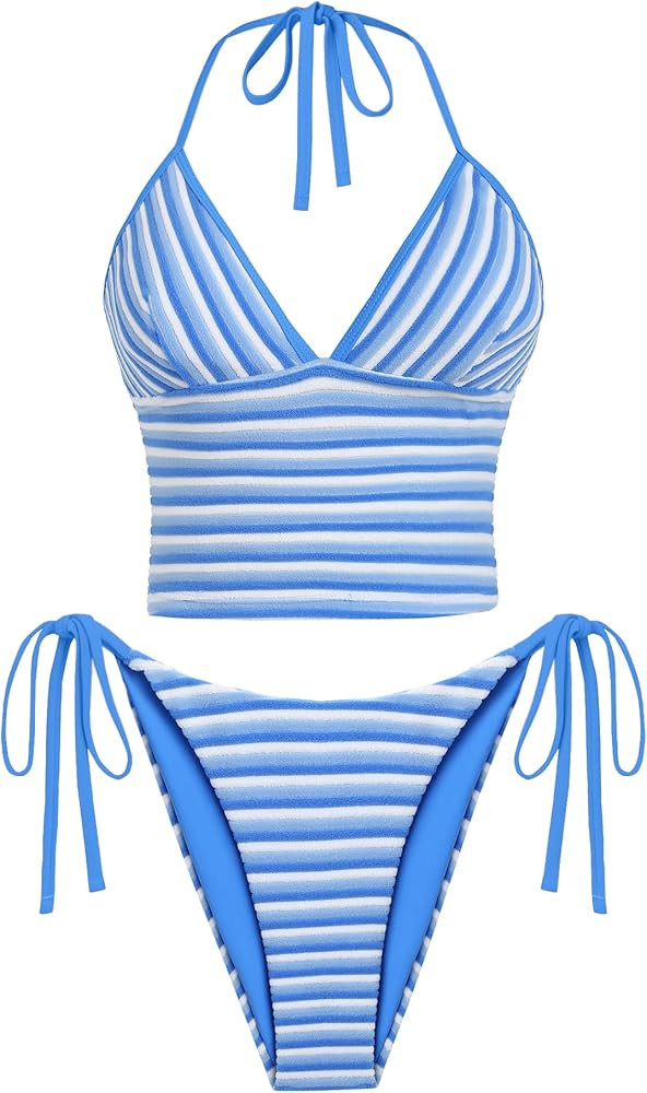 ZAFUL Striped Swim Suits for Women 2025 Halter V Neck Tankini Sets Terry Bikini High Cut Tie Side... | Amazon (US)