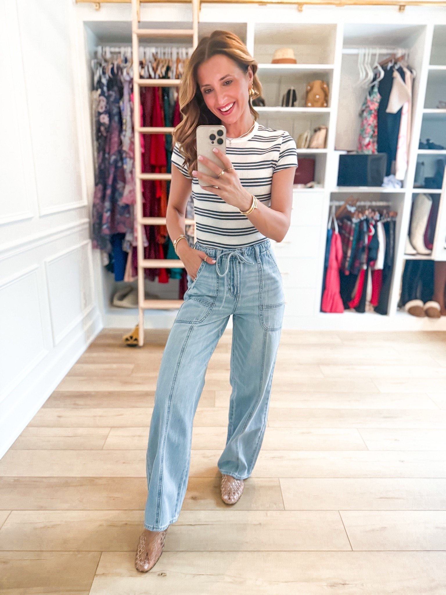 Mom outfit. Casual outfit. Travel outfit. New drawstring waist utility jeans in 00. Runs big and a little long - consider sizing down. Denim is so soft! XS in striped top. Jelly ballet flats are whole sizes only - I’m a 6.5 and sized down to a 6 per reviews.

#LTKootd #LTKgrwm #LTKmomlife