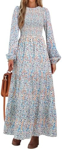 PRETTYGARDEN Women's Fall Dresses 2025 Long Sleeve Flowy Casual Floral Maxi Dress Crew Neck Smock... | Amazon (US)