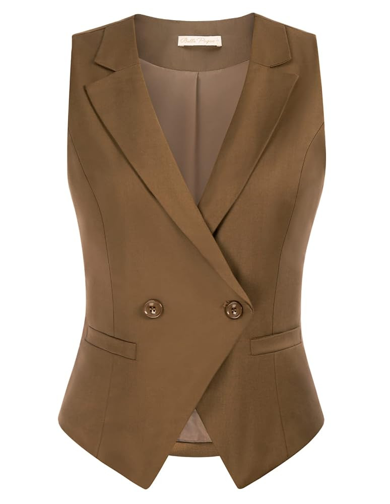 Belle Poque Women Elegant Waistcoat Double Breasted Waistcoat Retro Office Lapel Vest Coat With P... | Amazon (UK)