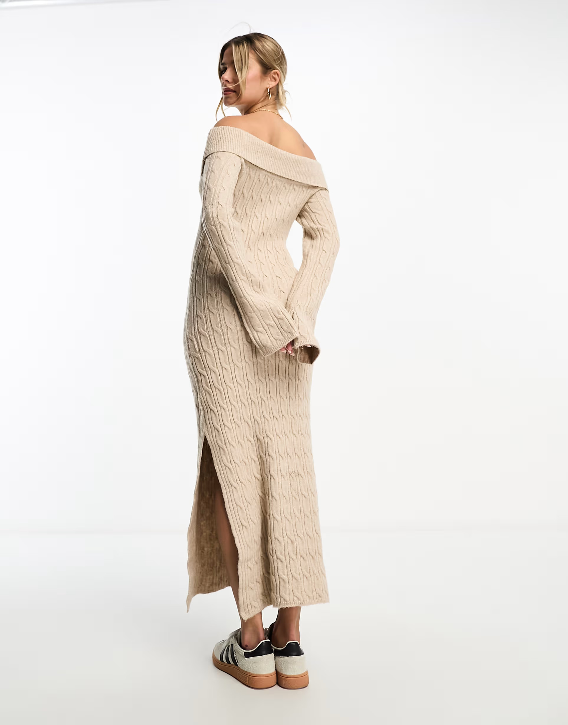 Miss Selfridge rib chunky foldover bardot knit maxi dress in oatmeal | ASOS (Global)