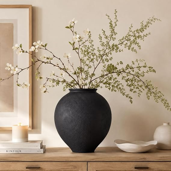 Large Blak Ceramic Vase - 11.8 Inch Large Black Round Vase, Rustic Farmhouse Vase for Home Decor,... | Amazon (US)