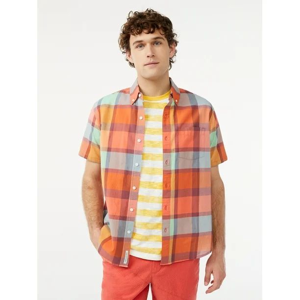 Free Assembly Men's Madras Button Down Shirt with Short Sleeves - Walmart.com | Walmart (US)