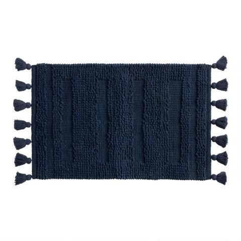 Navy Blue Tufted Stripe Crystal Bath Mat | World Market