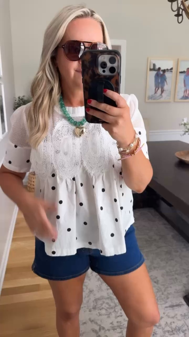 This polka dot top is one of those easy pieces that instantly makes denim shorts feel a little more styled. The lace detail and relaxed fit give it such a cute boutique feel for summer days, casual dinners, vacations, or everyday wear.

polka dot blouse, denim shorts outfit, summer style, feminine top, casual chic outfit, boutique fashion, easy everyday outfit, vacation look, cute summer outfit, lovelylifestyling

#LTKootd #LTKOver40 #LTKmomlife