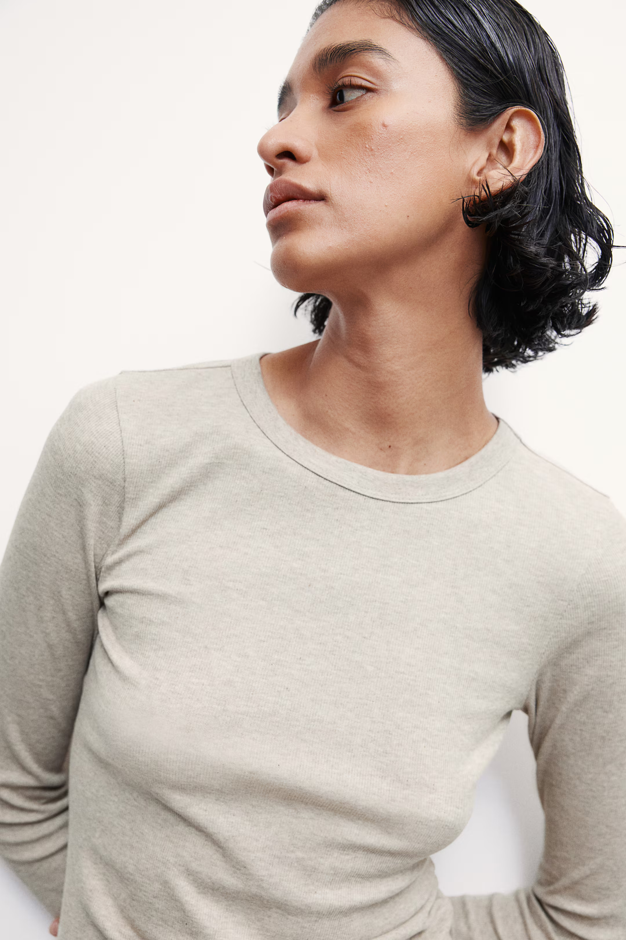 Ribbed modal-blend top - Round neck - Long sleeve - Beige marl - Ladies | H&M GB | H&M (UK, MY, IN, SG, PH, TW, HK)