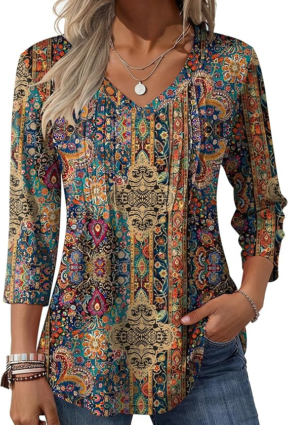 Zeagoo 3/4 Length Sleeve Womens Tops Casual V Neck Pleated Top Boho Floral Blouses Work Shirts | Amazon (US)
