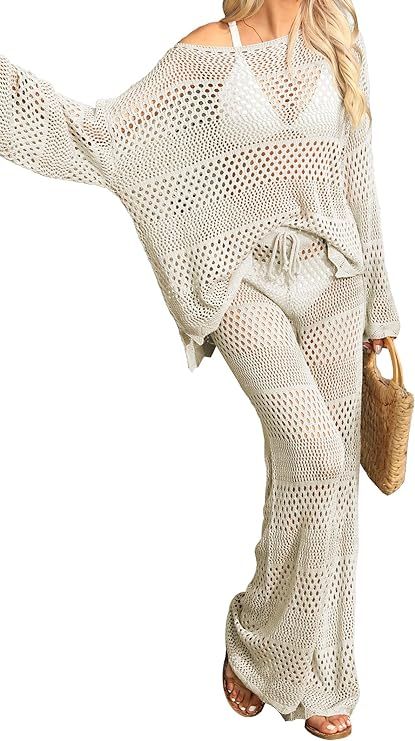 Famulily Womens 2 Piece Crochet Outfits Sexy Hollow Out Cover Up Sets Long Sleeve Tops and Drawst... | Amazon (US)